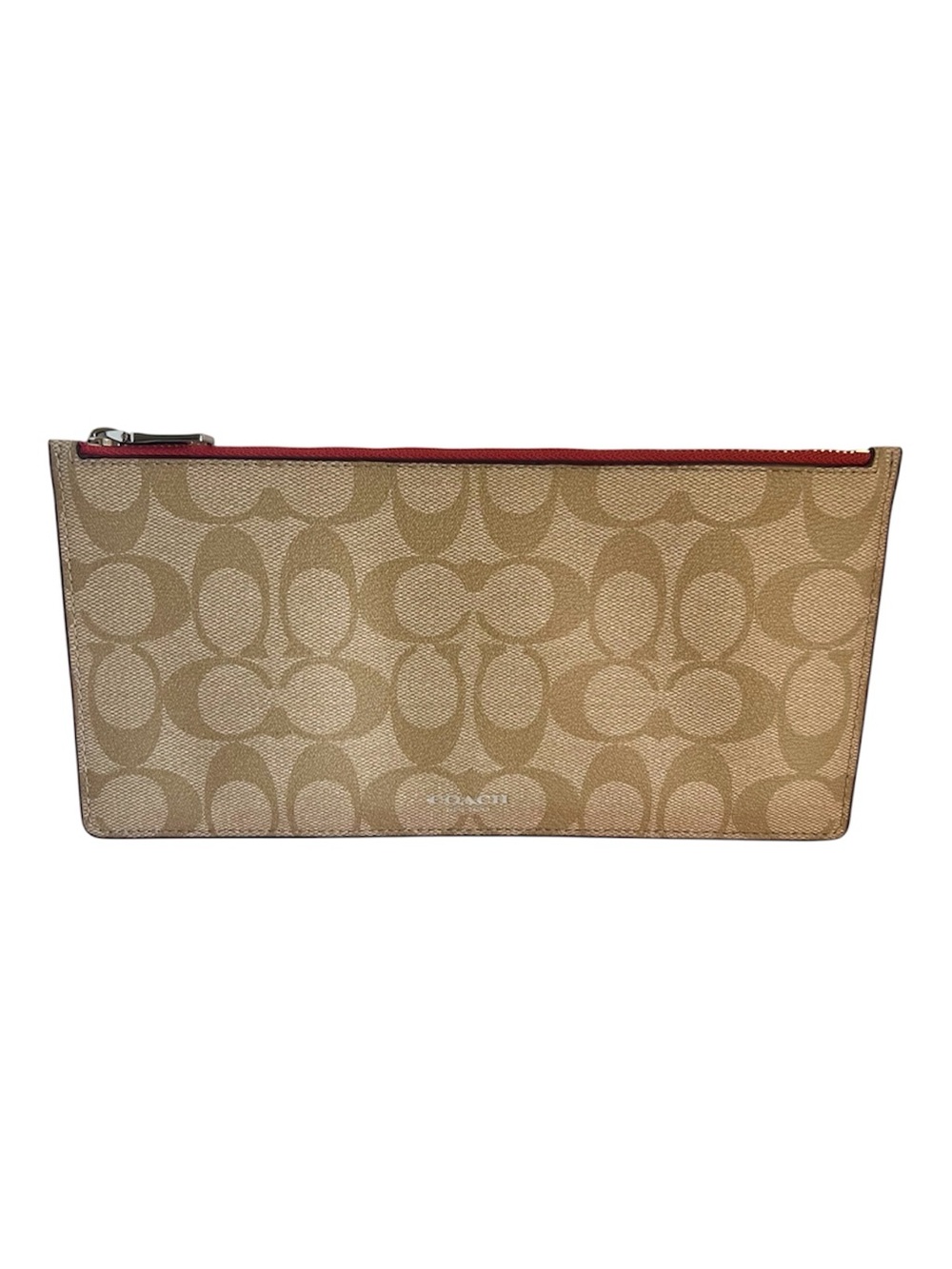 Coach Beige Signature Canvas Zip Pouch with Red Trim